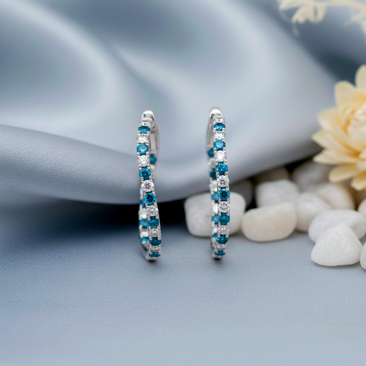 14KT White Gold Diamond & Blue Diamond Twist Hoops – 2.22 CTW