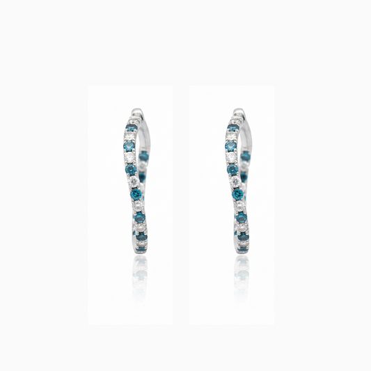 14KT White Gold Diamond & Blue Diamond Twist Hoops – 2.22 CTW