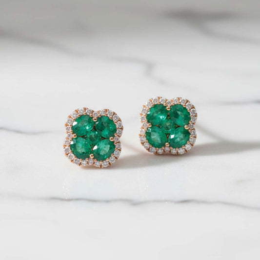 14KT Yellow Gold Emerald (1.34CT) and Diamond (0.24CT) Floral Stud Earrings