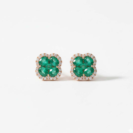 14KT Yellow Gold Emerald (1.34CT) and Diamond (0.24CT) Floral Stud Earrings