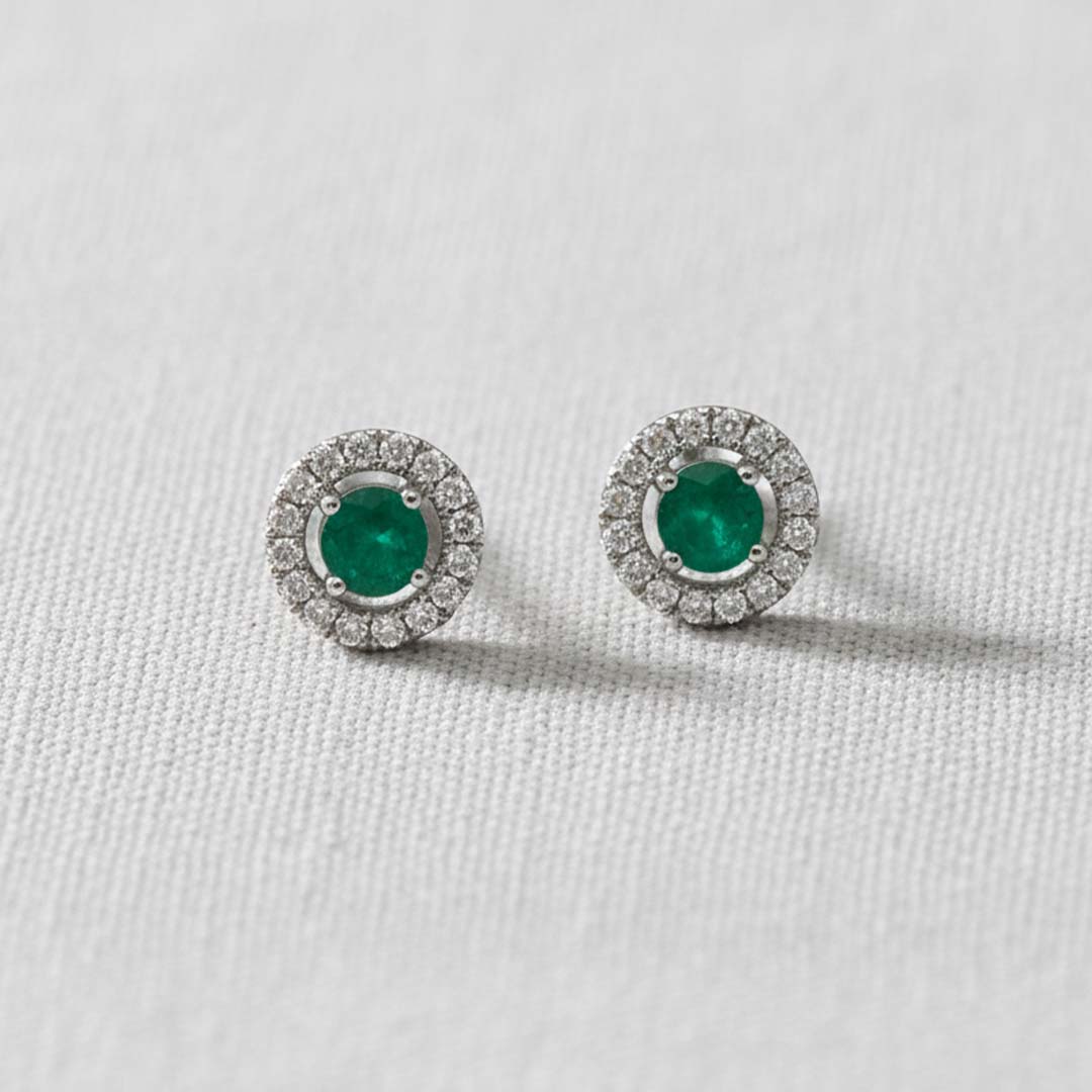 14KT Two-Tone Gold Emerald (1.21CT) and Diamond (0.31CT) Halo Stud Earrings