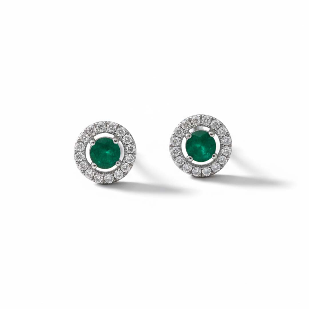 14KT White Gold Emerald (0.56CT) and Diamond (0.35CT) Halo Stud Earrings