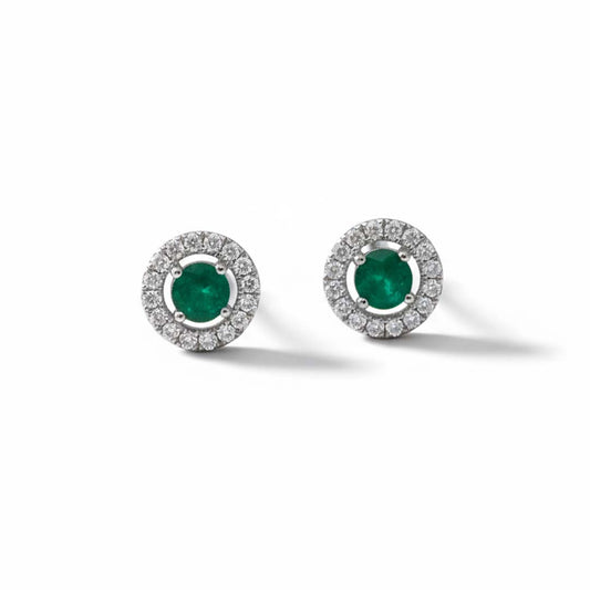 14KT White Gold Emerald (0.56CT) and Diamond (0.35CT) Halo Stud Earrings