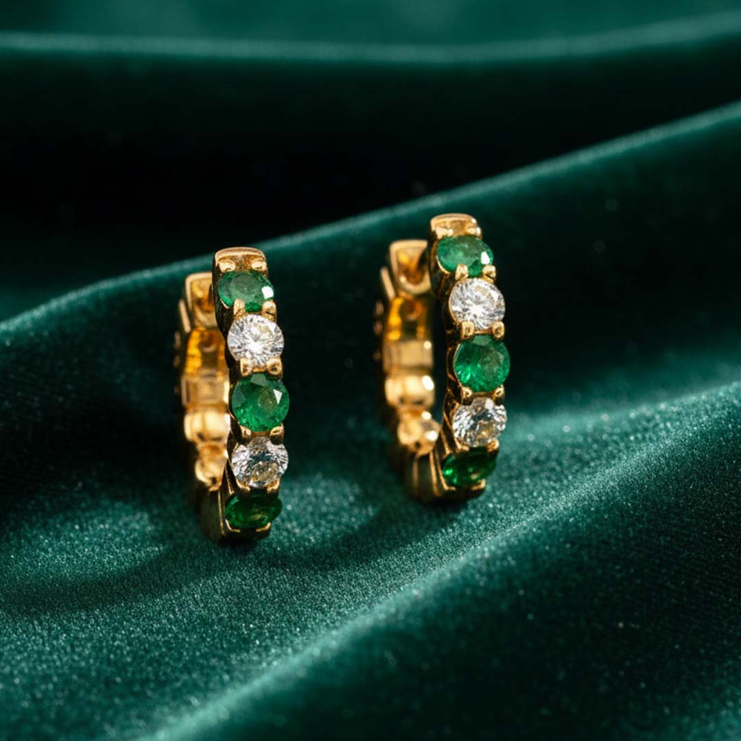 14KT Yellow Gold Emerald (0.81CT) and Diamond (0.36CT) Hoop Earrings