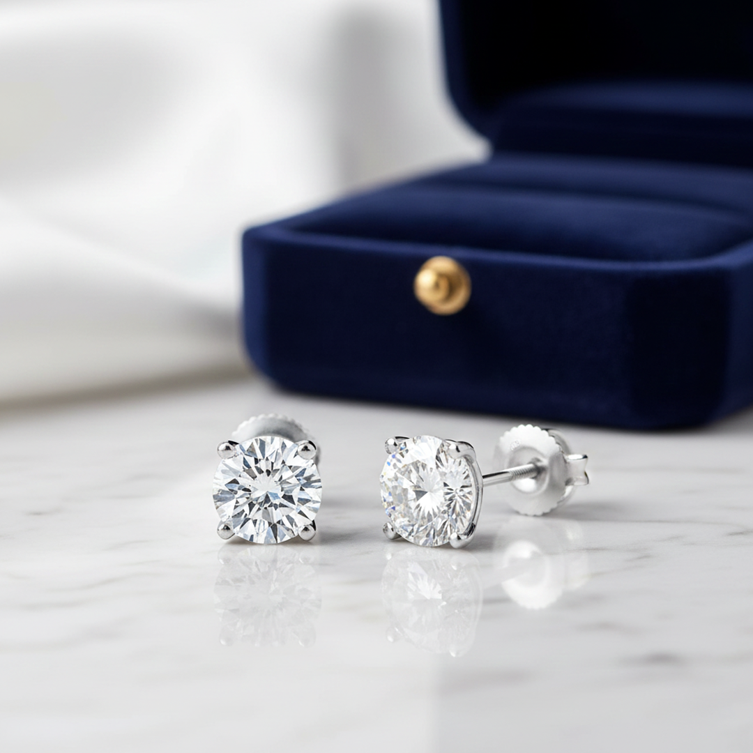 14K White Gold 2.00CT GIA-Certified Diamond Stud Earrings -Four Prong Screw Back