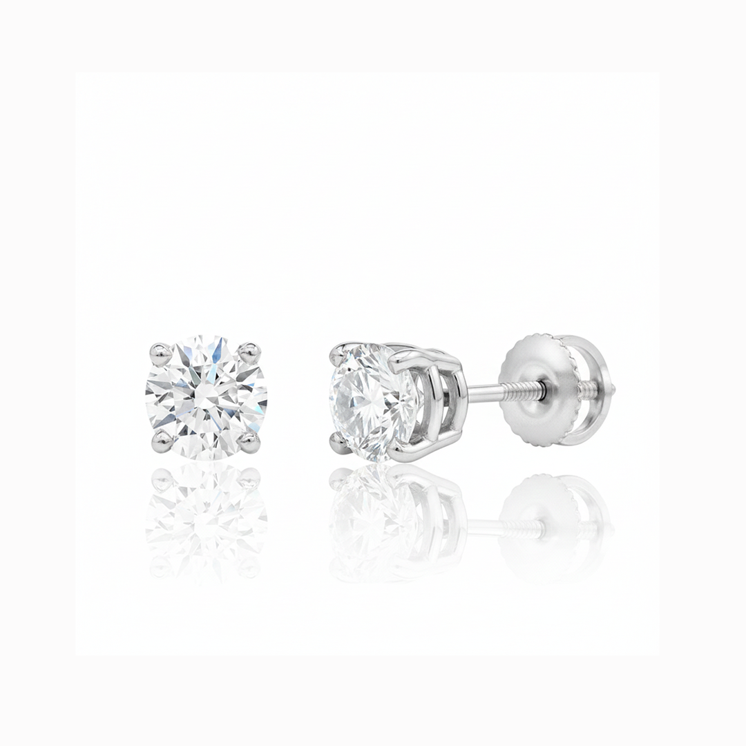 2.10CT Round Diamond Studs in 14K White Gold – Four-Prong Screw Backs
