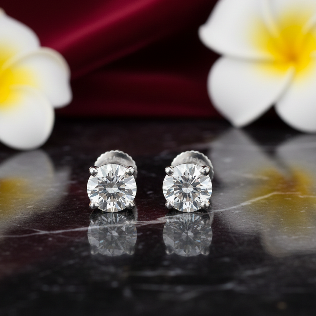 2.10CT Round Diamond Studs in 14K White Gold – Four-Prong Screw Backs