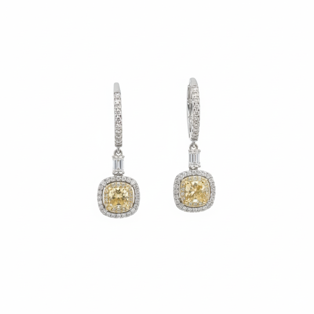 18KT Two-Tone Cushion-Cut Yellow Diamond Drop Earrings (1.01 cts Center / 0.88 cts Accent Diamonds)