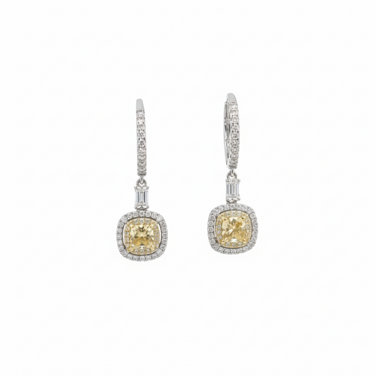 18KT Two-Tone Cushion-Cut Yellow Diamond Drop Earrings (1.01 cts Center / 0.88 cts Accent Diamonds)