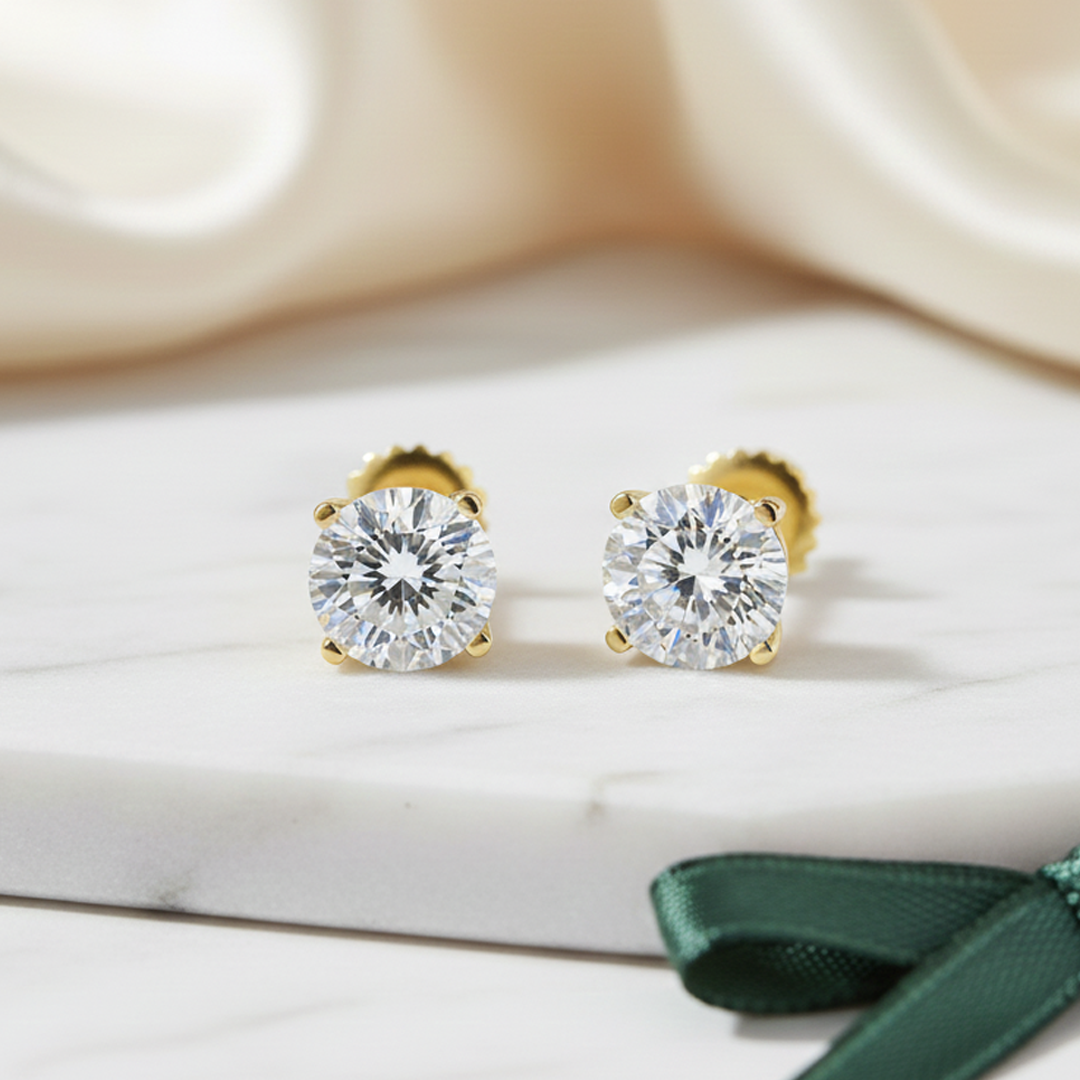 14K Yellow Gold 3.01CT Diamond Stud Earrings  Four-Prong Screw Backs