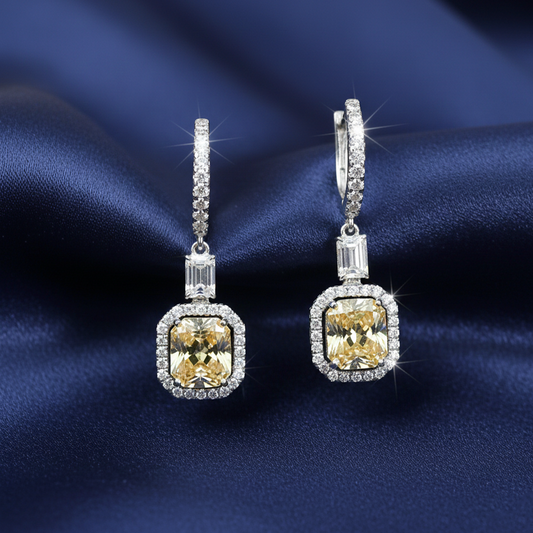 18KT Two-Tone Drop Earrings with Emerald-Cut Yellow Diamonds