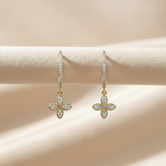 14KT YG Diamond Hoop Earrings with Flower Drops – 0.20 CT