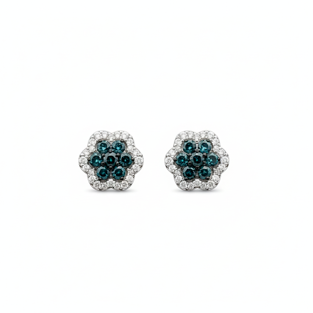 14K White Gold Blue & White Diamond Floral Stud Earrings