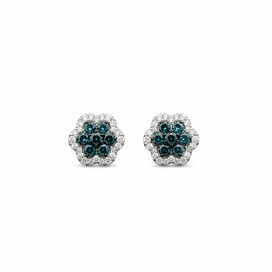 14K White Gold Blue & White Diamond Floral Stud Earrings