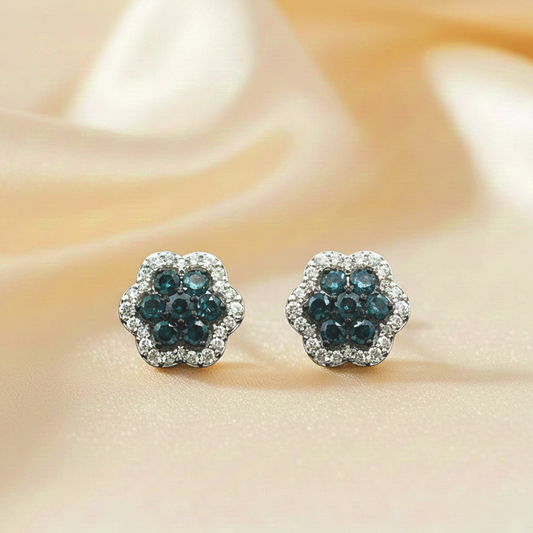 14K White Gold Blue & White Diamond Floral Stud Earrings