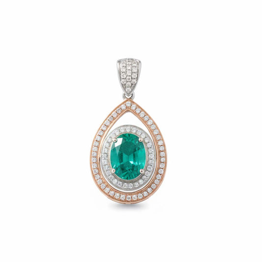 14KT Two-Tone Gold Oval Emerald (1.07ct) and Diamond (0.52ct) Pendant