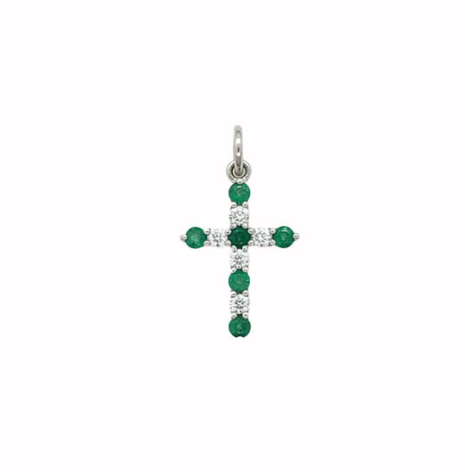 14KT White Gold Emerald and Diamond Halo Cross Pendant – 0.85ct EM / 0.51ct DIA
