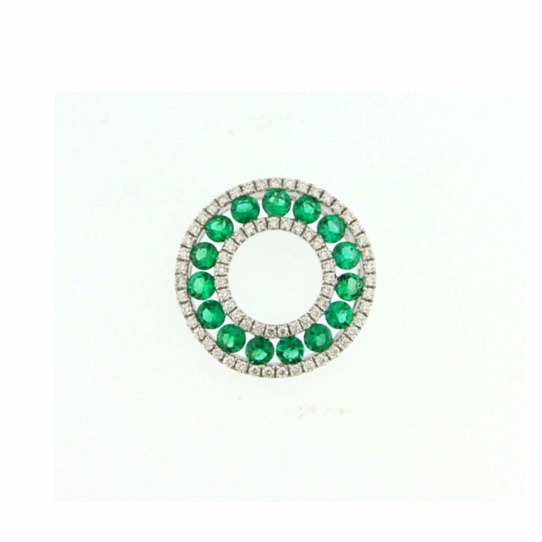 14KT White Gold Round Emerald (0.80ct) and Diamond (0.30ct) Circle Pendant