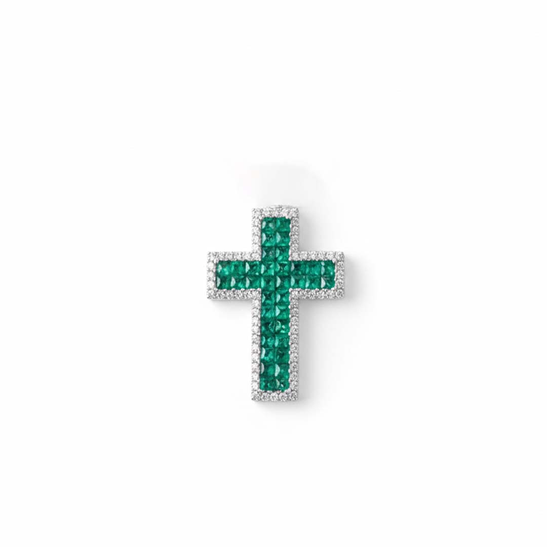 14KT White Gold Emerald (0.84ct) and Diamond (0.24ct) Cross Pendant