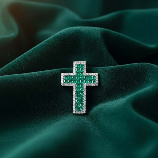 14KT White Gold Emerald (0.84ct) and Diamond (0.24ct) Cross Pendant