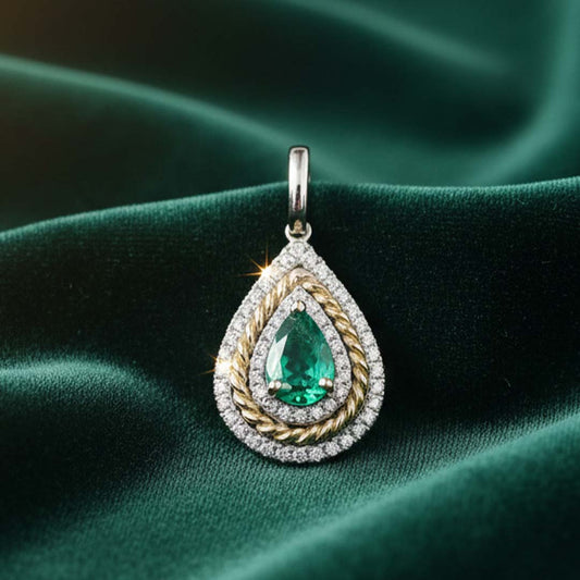 18KT Two-Tone Gold Pear-Shaped Emerald (0.62ct) and Diamond (0.25ct) Pendant