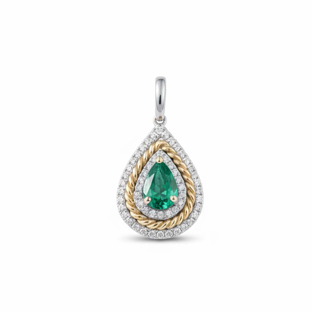18KT Two-Tone Gold Pear-Shaped Emerald (0.62ct) and Diamond (0.25ct) Pendant