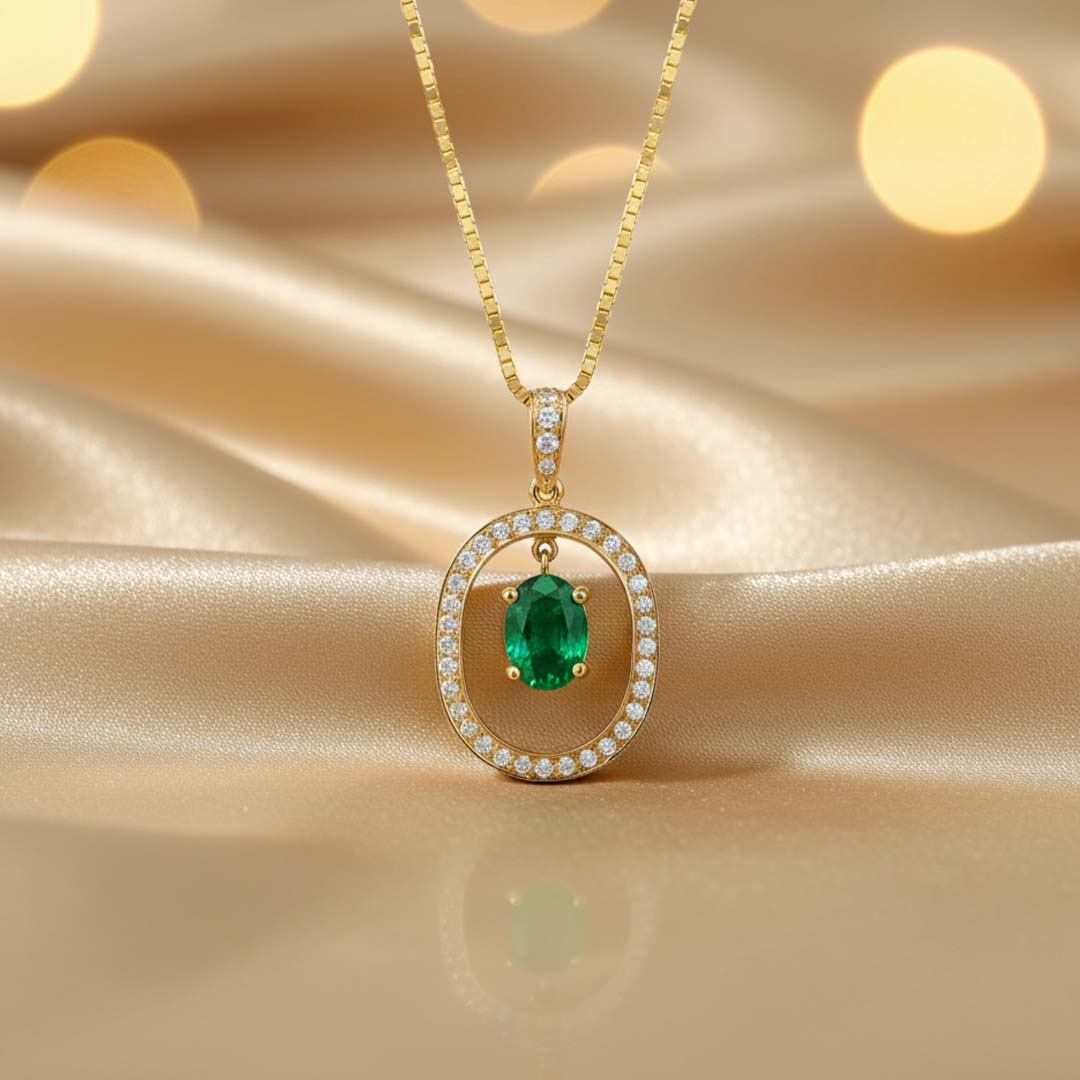 18KT Yellow Gold Oval Emerald Center Pendant with Diamond Halo Border (1.77ct / 0.55ct)