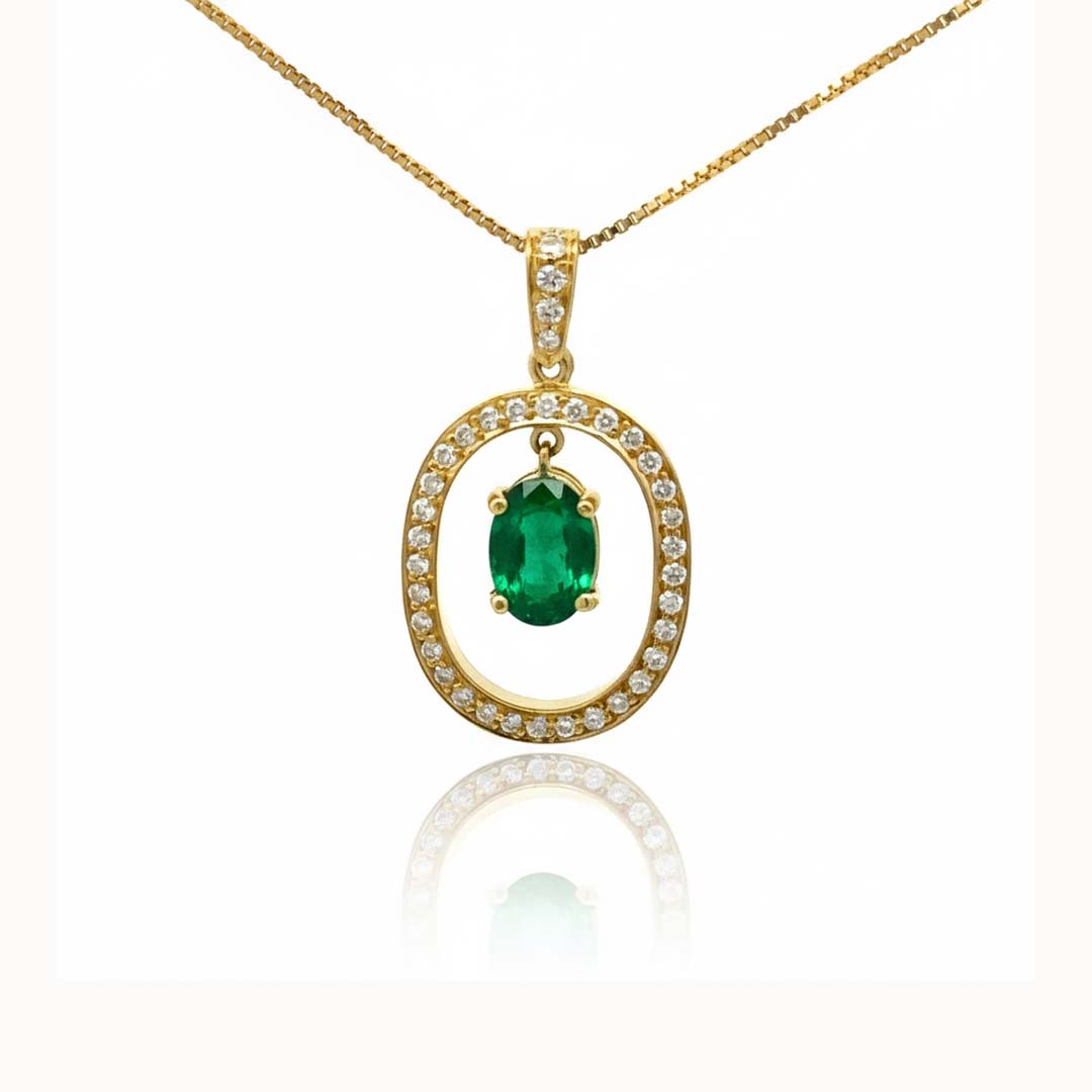 18KT Yellow Gold Oval Emerald Center Pendant with Diamond Halo Border (1.77ct / 0.55ct)