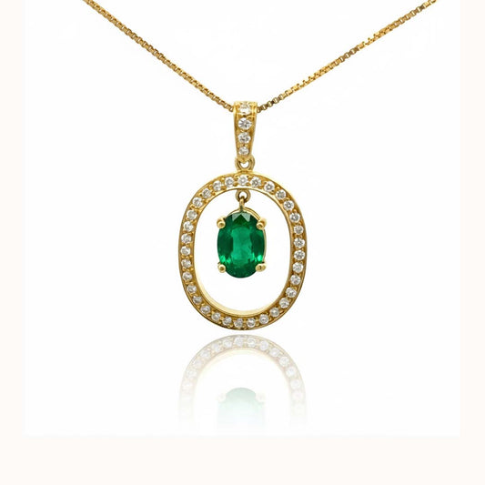 18KT Yellow Gold Oval Emerald Center Pendant with Diamond Halo Border (1.77ct / 0.55ct)
