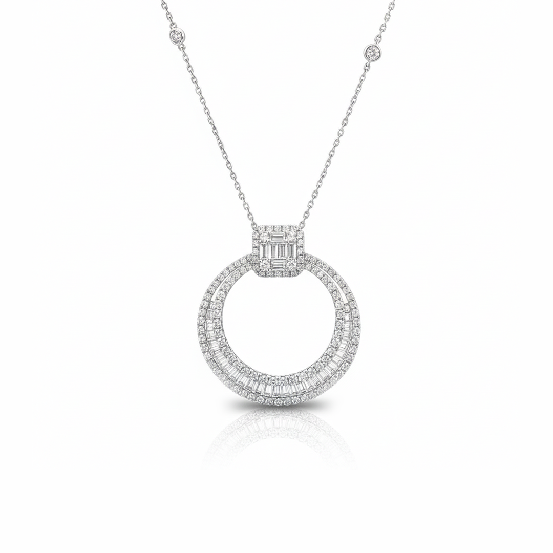 18K White Gold 1.94CT Diamond Halo Pendant with Diamond-by-the-Yard Chain