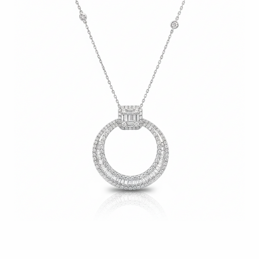18K White Gold 1.94CT Diamond Halo Pendant with Diamond-by-the-Yard Chain