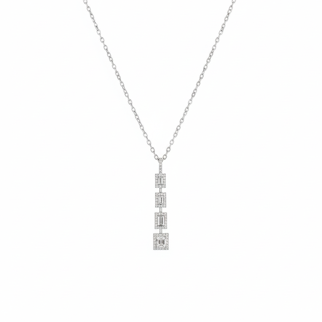 18KT White Gold Baguette and Round Diamond Drop Pendant Necklace