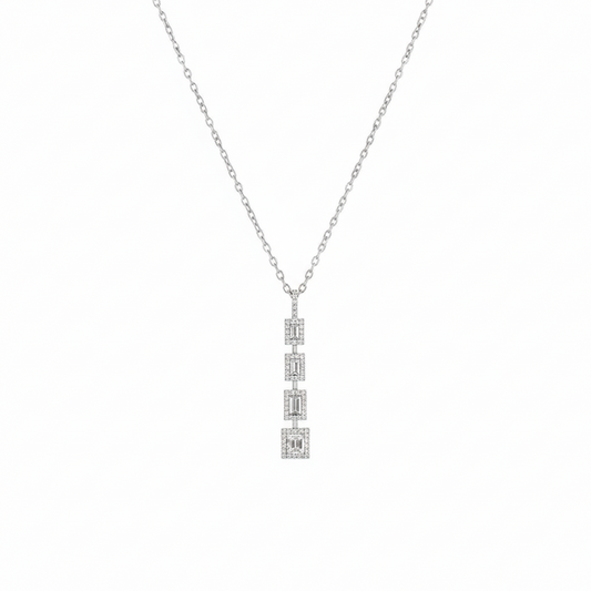 18KT White Gold Baguette and Round Diamond Drop Pendant Necklace