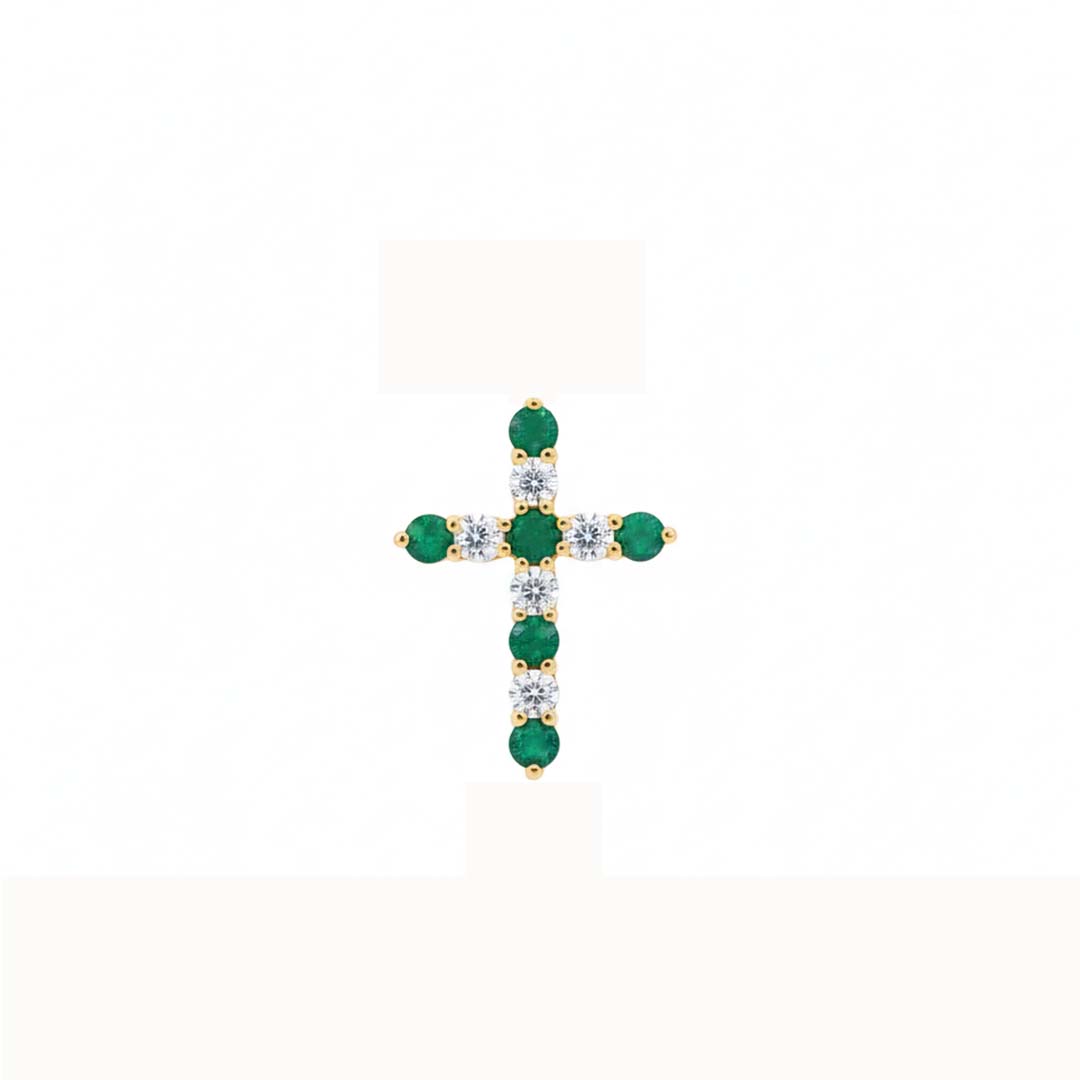14KT Yellow Gold Emerald (0.49ct) and Diamond (0.45ct) Cross Pendant