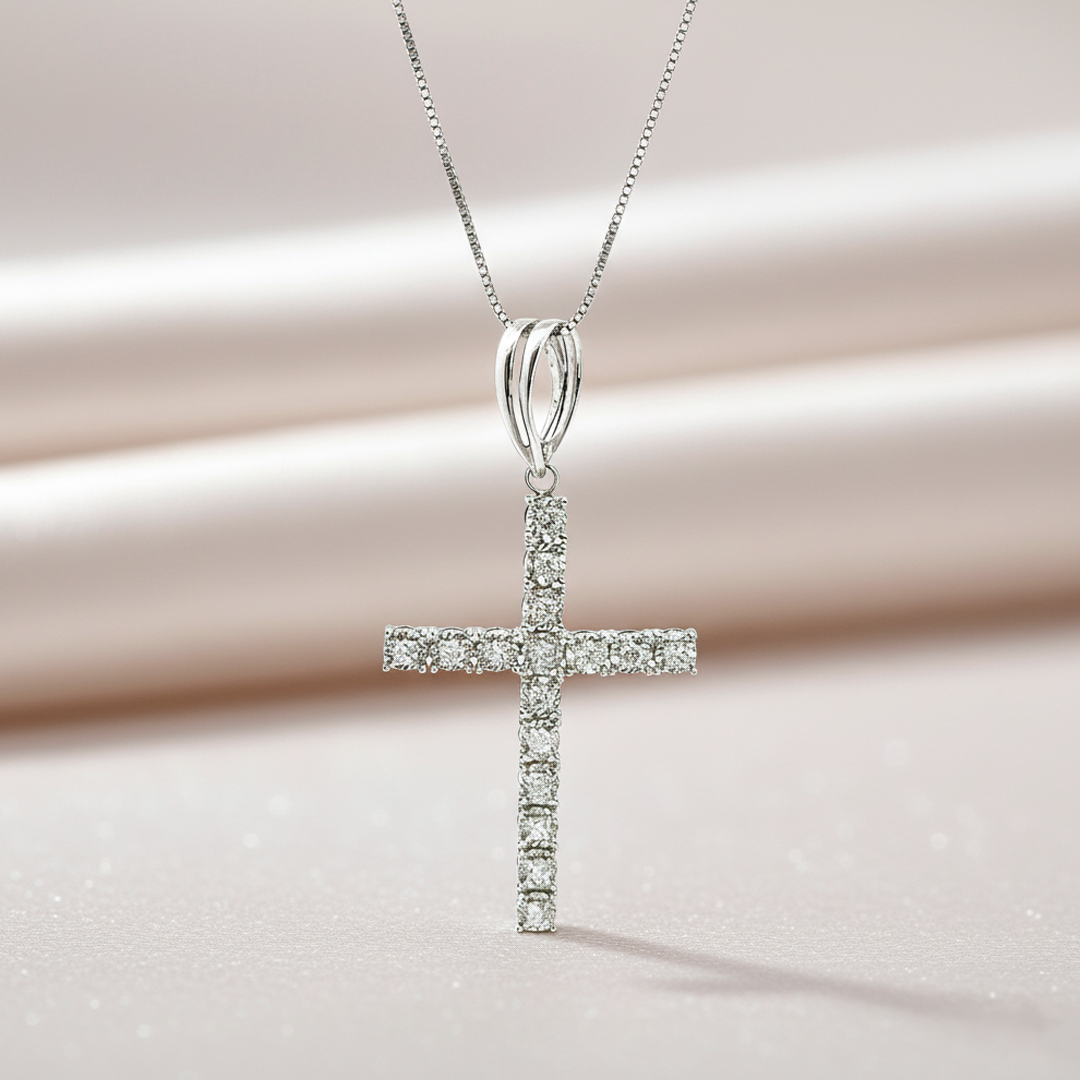 14KT White Gold Diamond Cross Pendant — 1.07 Carats