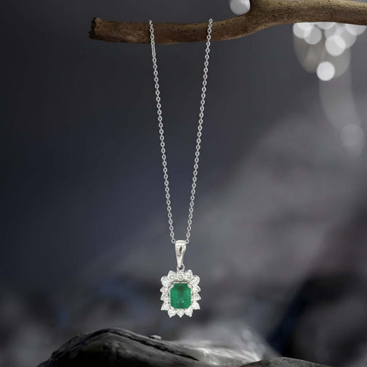 18KT White Gold Emerald & Diamond Halo Pendant | 1.32CT Emerald & 0.67CT Diamonds