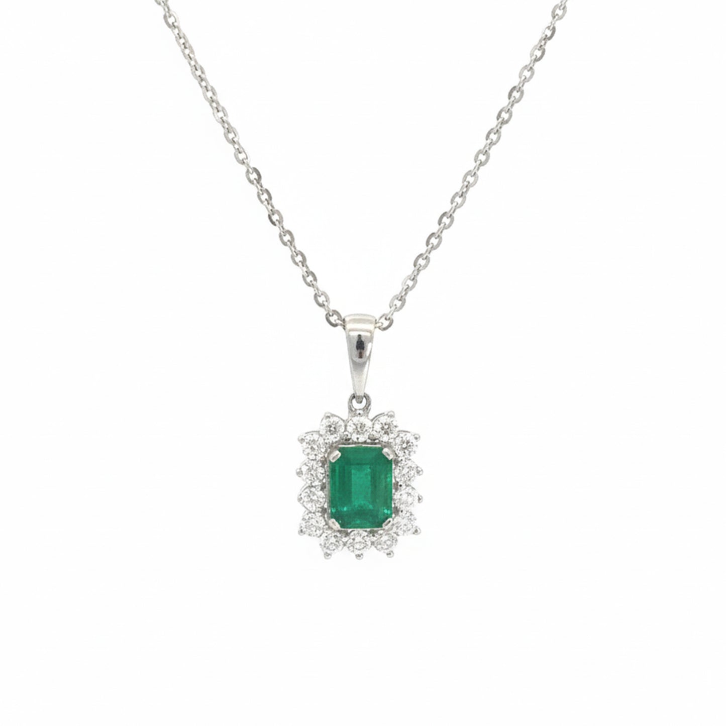 18KT White Gold Emerald & Diamond Halo Pendant | 1.32CT Emerald & 0.67CT Diamonds