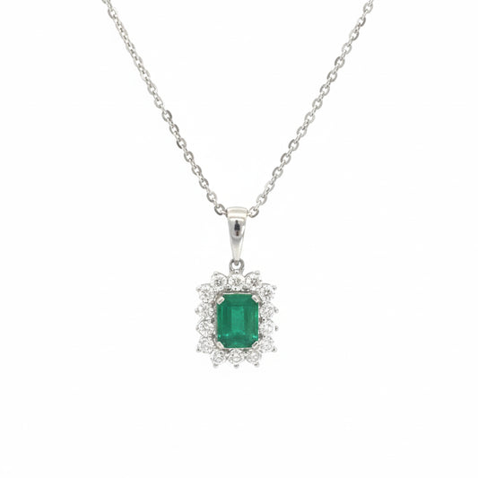 18KT White Gold Emerald & Diamond Halo Pendant | 1.32CT Emerald & 0.67CT Diamonds
