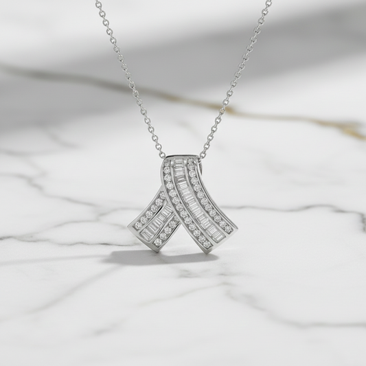 14K White Gold 2.25CT Wave Diamond Pendant – Baguette & Round