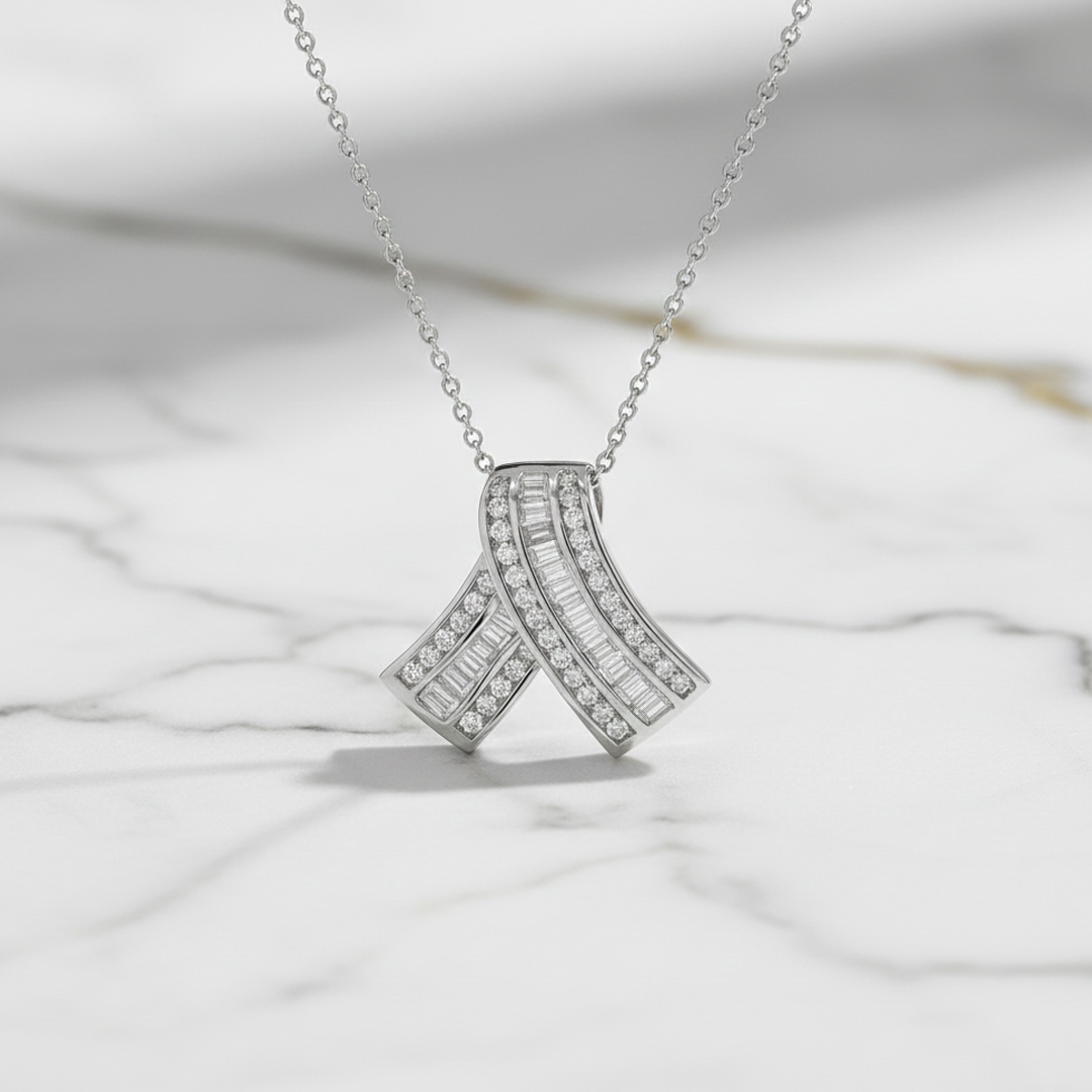 14K White Gold 2.25CT Wave Diamond Pendant – Baguette & Round