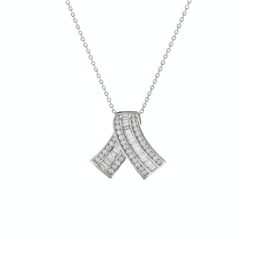14K White Gold 2.25CT Wave Diamond Pendant – Baguette & Round