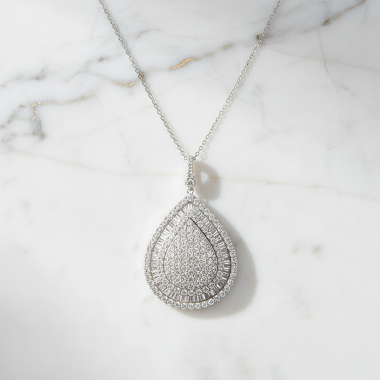 14KT WG Diamond Pendant 4.11CT – Round & Baguette Multi-Layer