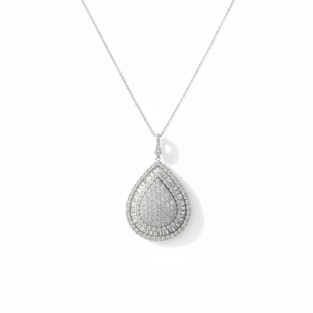 14KT WG Diamond Pendant 4.11CT – Round & Baguette Multi-Layer