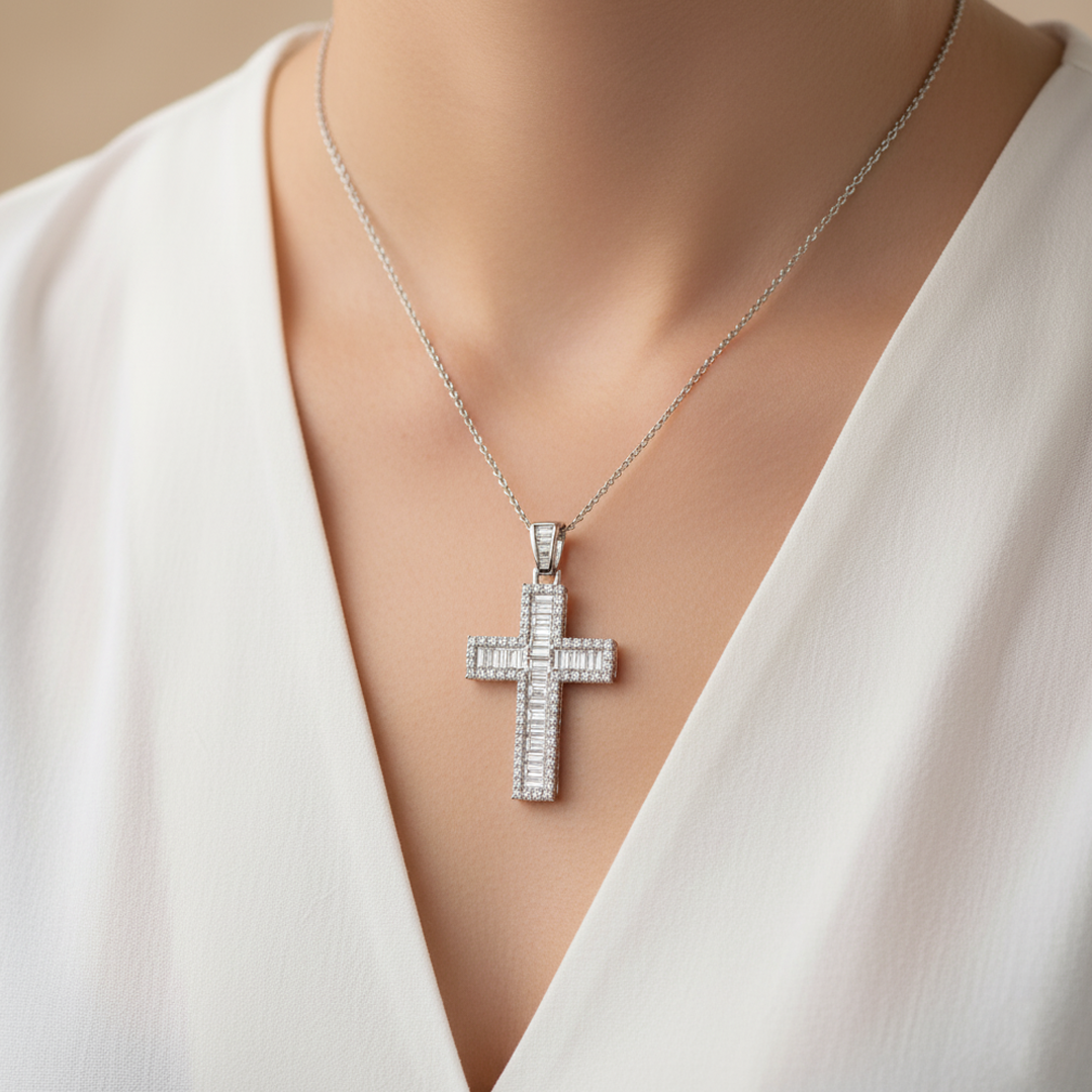 14KT White Gold Baguette and Round Diamond Cross Pendant — 4.54 Carats Total