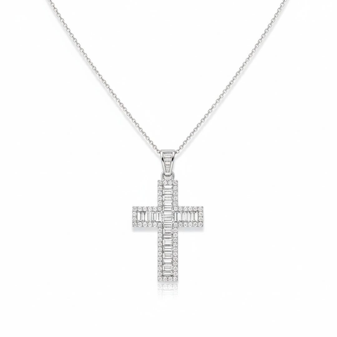 14KT White Gold Baguette and Round Diamond Cross Pendant — 4.54 Carats Total