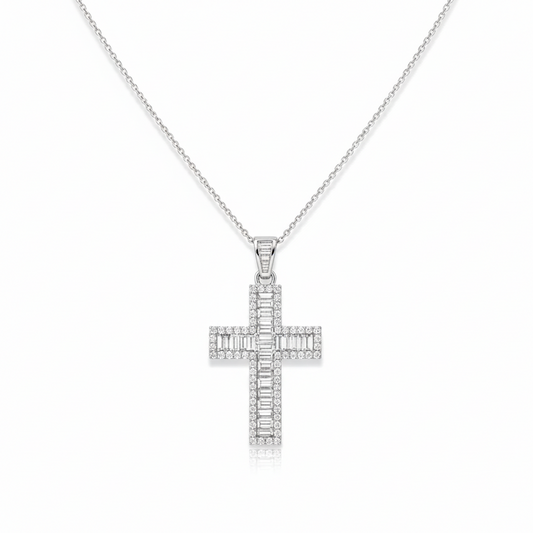 14KT White Gold Baguette and Round Diamond Cross Pendant — 4.54 Carats Total