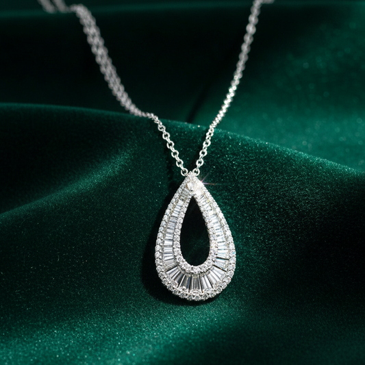 Elegant 14K White Gold 1.77CT Baguette & Round Diamond Teardrop Pendant