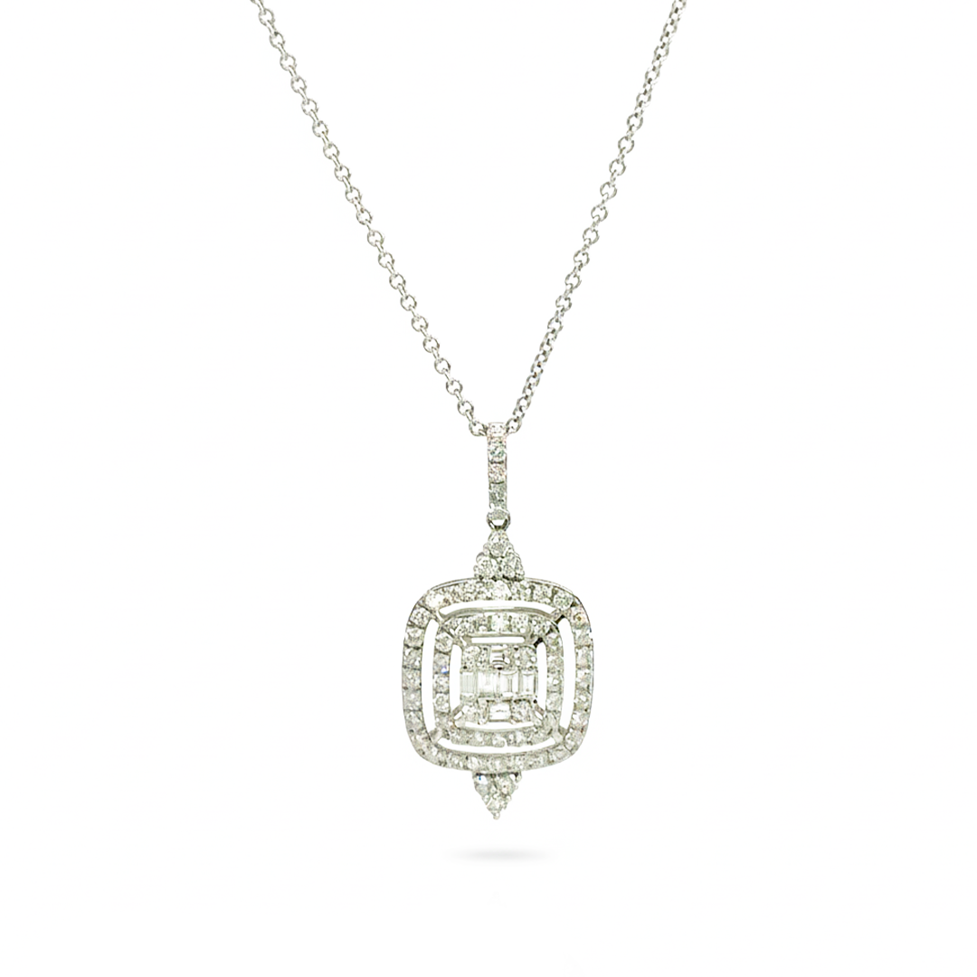 14K White Gold 2.24CT Diamond Pendant – Baguette Center with Round Halo