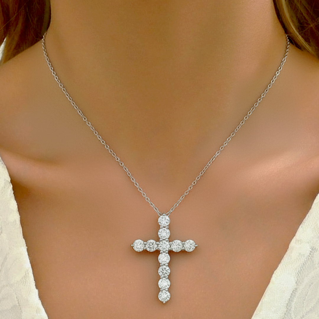 14KT White Gold Diamond Cross Necklace – 4.50 CT Total Weight