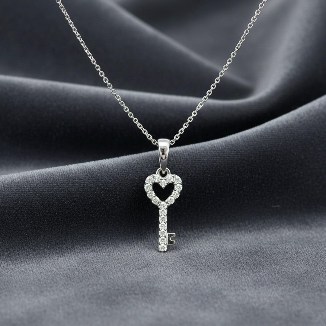 ✨ Diamond 0.10 CT Heart Key Necklace – 14KT White Gold ✨